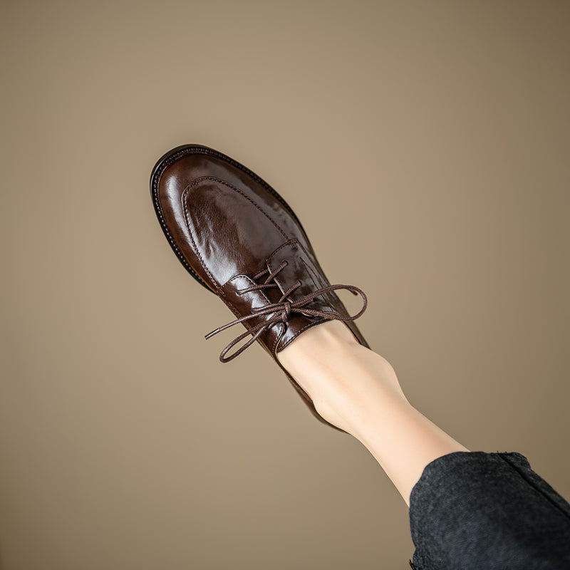 Women's Genuine Leather Casual Shoes Spring Fall Round Toe Lace-up Chunky Mid Heel Oxfords
