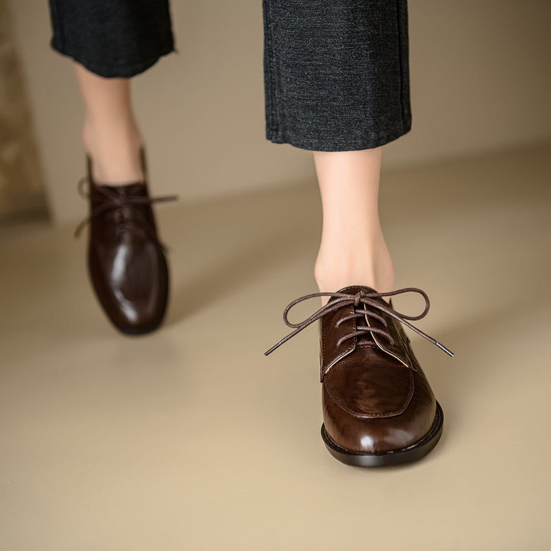 Women's Genuine Leather Casual Shoes Spring Fall Round Toe Lace-up Chunky Mid Heel Oxfords