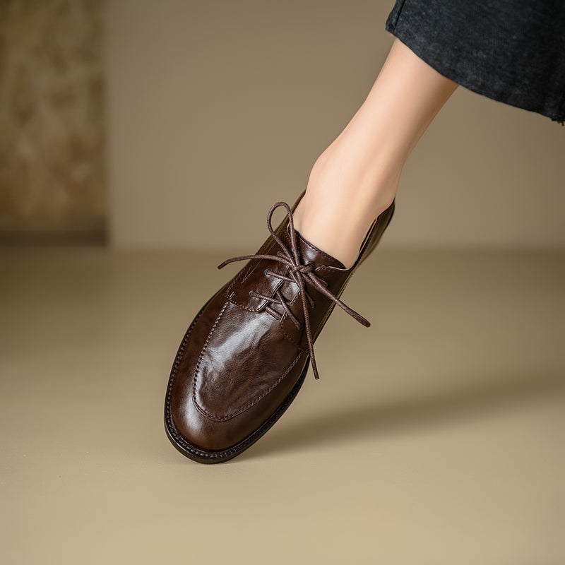 Women's Genuine Leather Casual Shoes Spring Fall Round Toe Lace-up Chunky Mid Heel Oxfords
