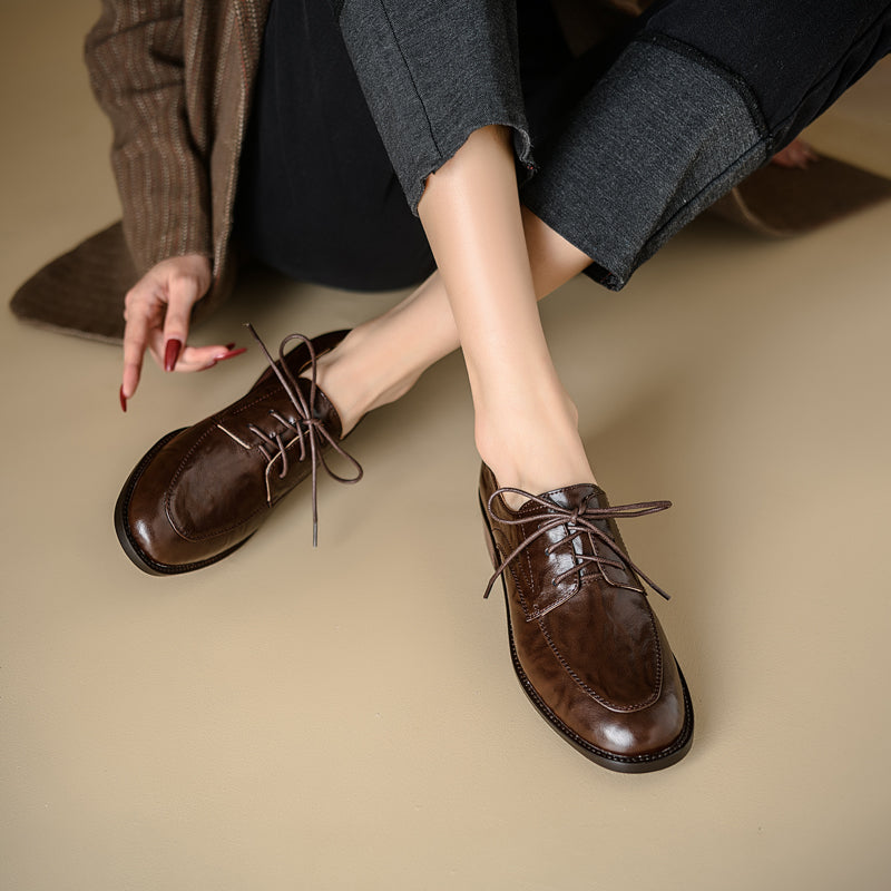 Women's Genuine Leather Casual Shoes Spring Fall Round Toe Lace-up Chunky Mid Heel Oxfords