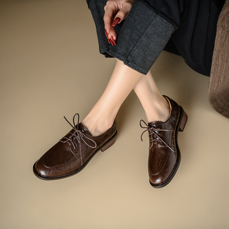 Women's Genuine Leather Casual Shoes Spring Fall Round Toe Lace-up Chunky Mid Heel Oxfords
