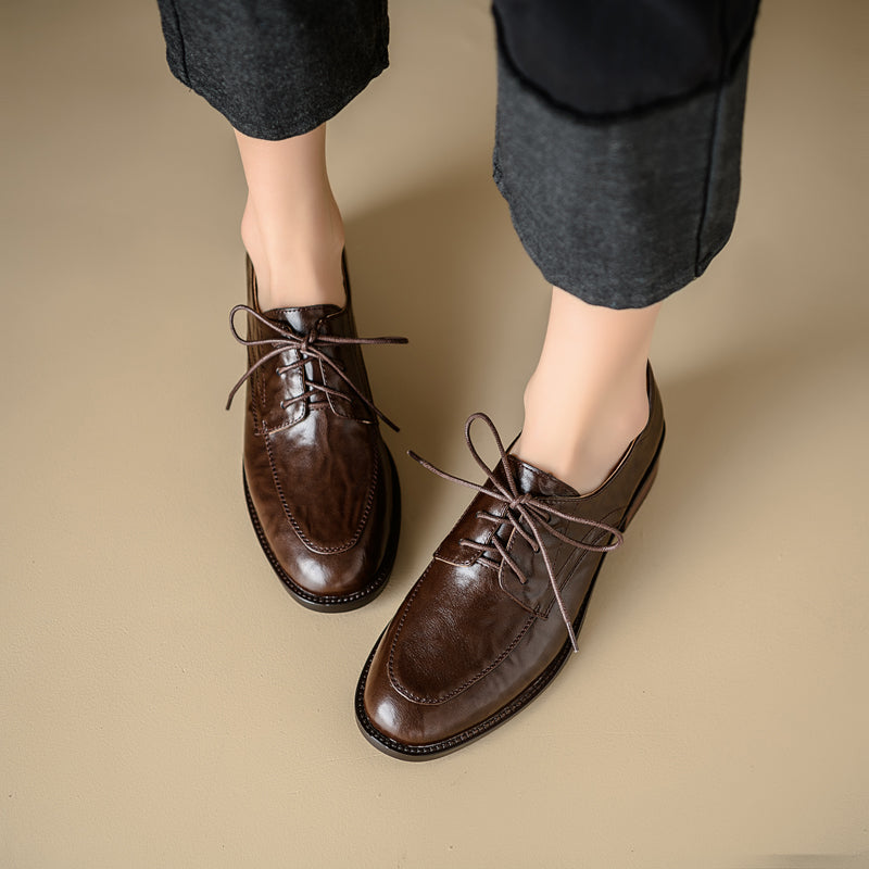 Women's Genuine Leather Casual Shoes Spring Fall Round Toe Lace-up Chunky Mid Heel Oxfords
