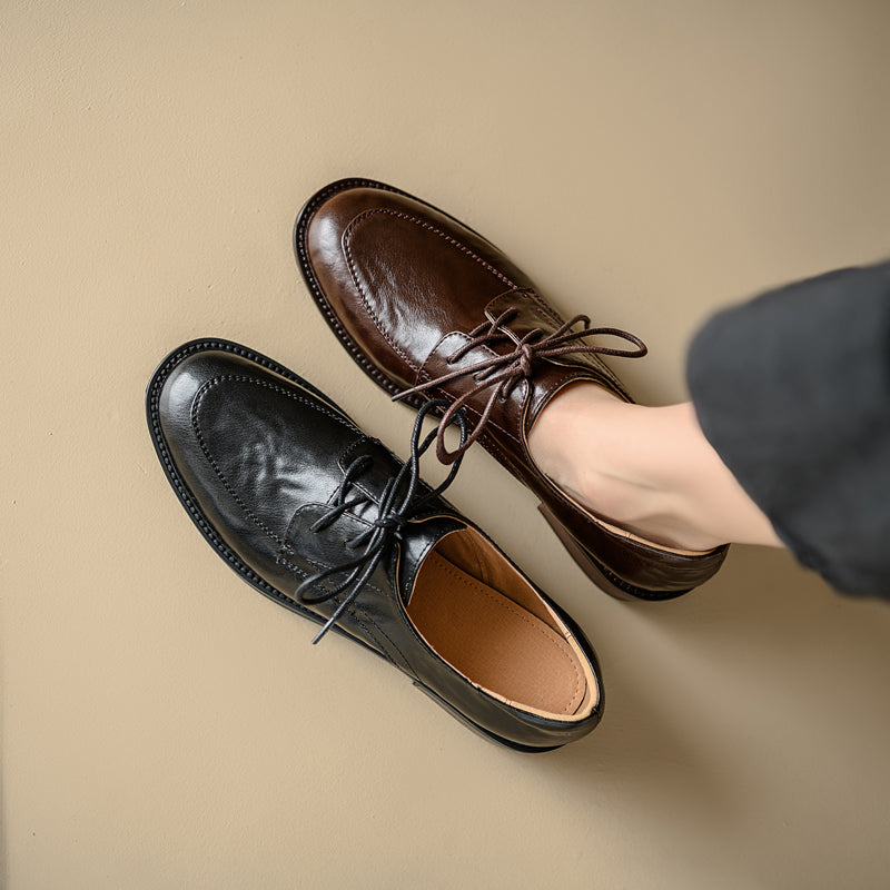 Women's Genuine Leather Casual Shoes Spring Fall Round Toe Lace-up Chunky Mid Heel Oxfords