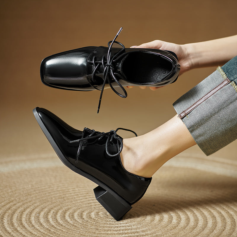 Women's Modern Square Toe Patent Leather Shoes Lace-up Professional Block Heel Derby