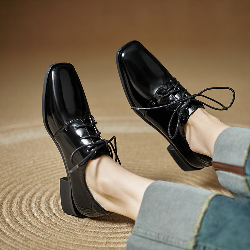 Women's Modern Square Toe Patent Leather Shoes Lace-up Professional Block Heel Derby