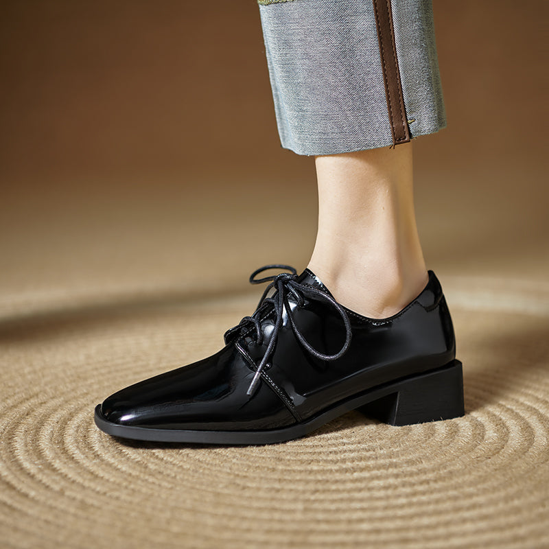 Women's Modern Square Toe Patent Leather Shoes Lace-up Professional Block Heel Derby