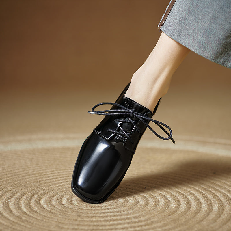 Women's Modern Square Toe Patent Leather Shoes Lace-up Professional Block Heel Derby