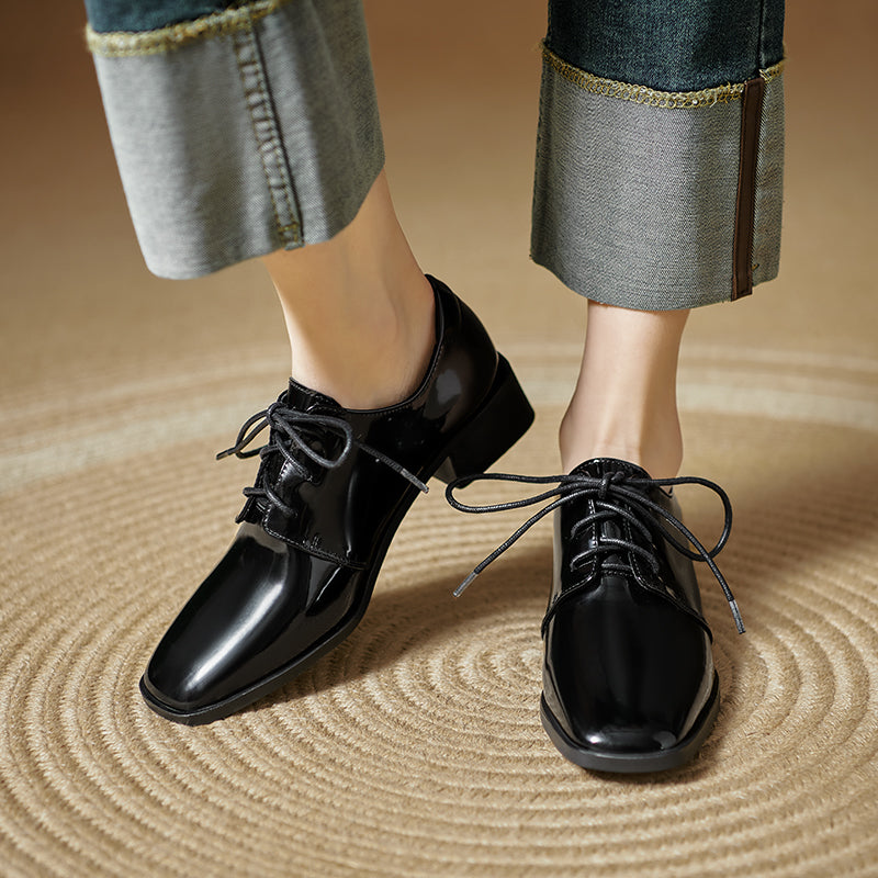 Women's Modern Square Toe Patent Leather Shoes Lace-up Professional Block Heel Derby