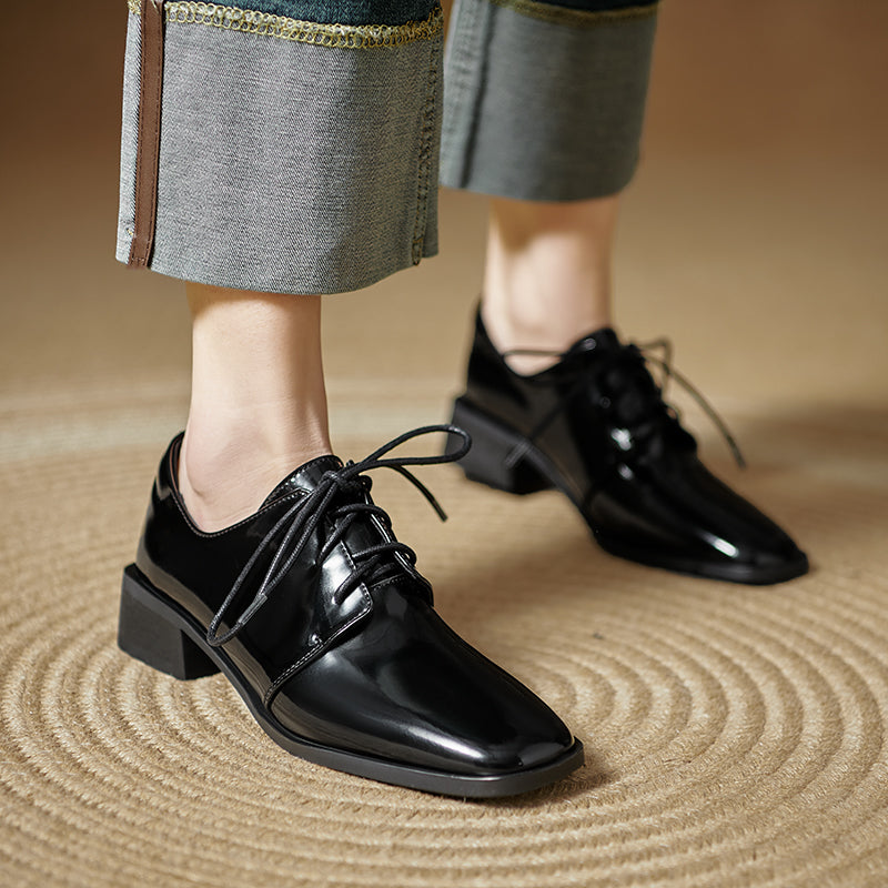 Women's Modern Square Toe Patent Leather Shoes Lace-up Professional Block Heel Derby