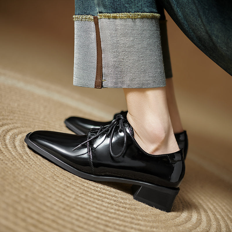 Women's Modern Square Toe Patent Leather Shoes Lace-up Professional Block Heel Derby