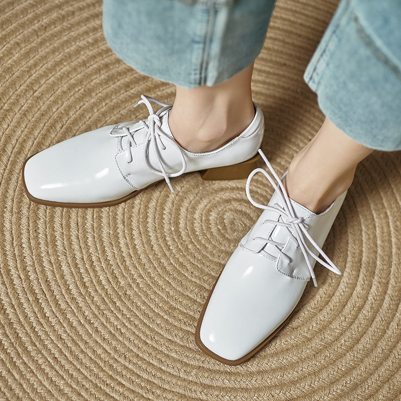 Women's Modern Square Toe Patent Leather Shoes Lace-up Professional Block Heel Derby