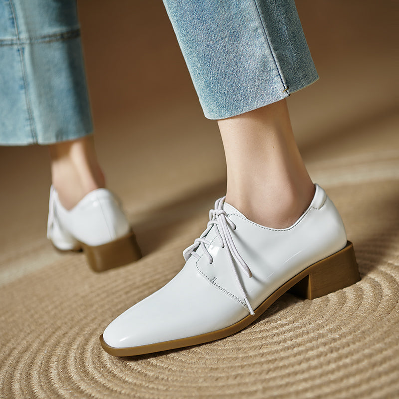 Women's Modern Square Toe Patent Leather Shoes Lace-up Professional Block Heel Derby
