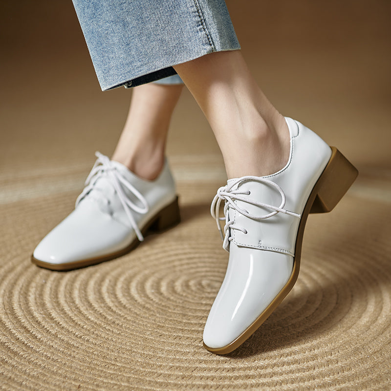 Women's Modern Square Toe Patent Leather Shoes Lace-up Professional Block Heel Derby