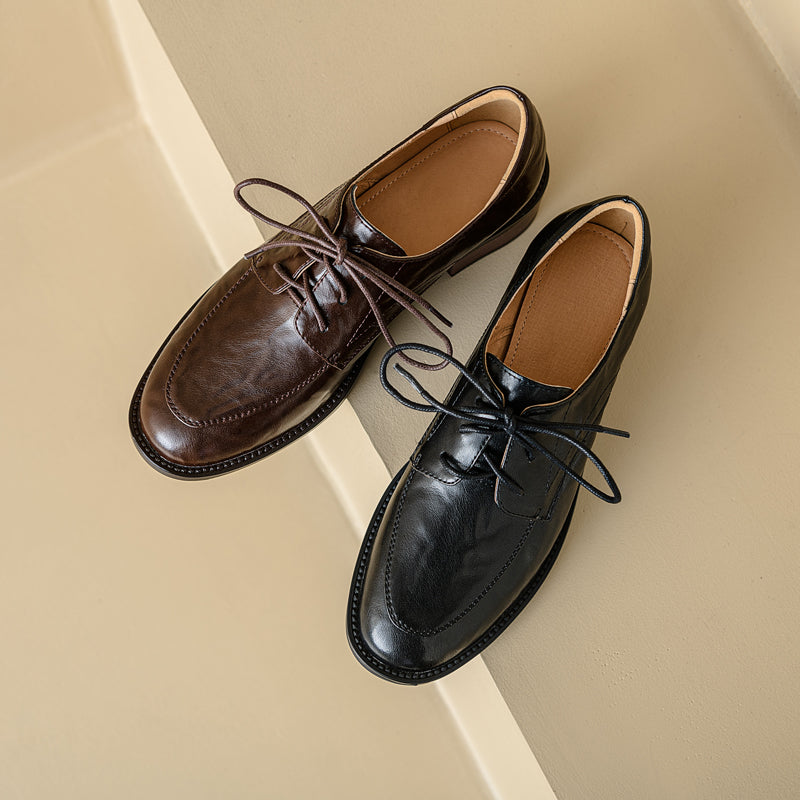 Women's Genuine Leather Casual Shoes Spring Fall Round Toe Lace-up Chunky Mid Heel Oxfords
