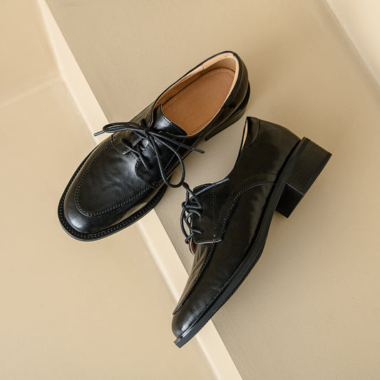 Women's Genuine Leather Casual Shoes Spring Fall Round Toe Lace-up Chunky Mid Heel Oxfords