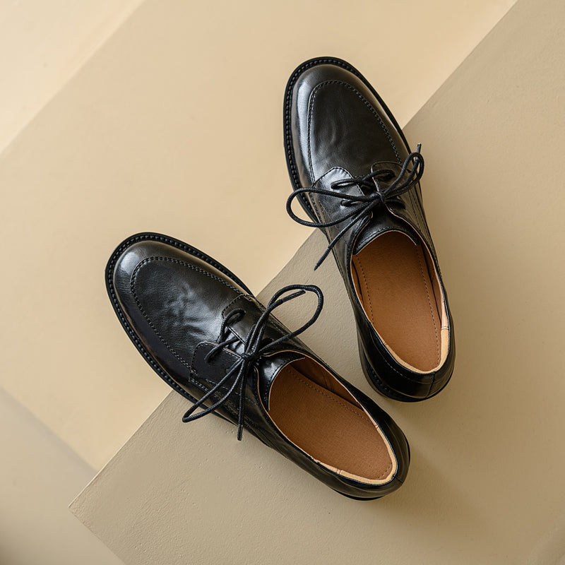 Women's Genuine Leather Casual Shoes Spring Fall Round Toe Lace-up Chunky Mid Heel Oxfords