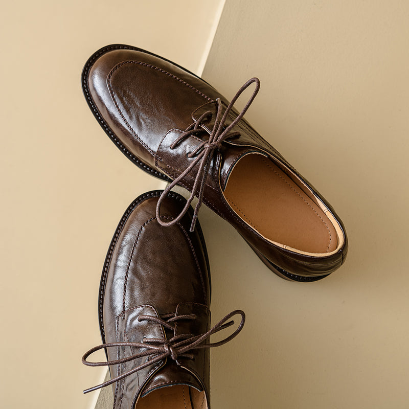Women's Genuine Leather Casual Shoes Spring Fall Round Toe Lace-up Chunky Mid Heel Oxfords