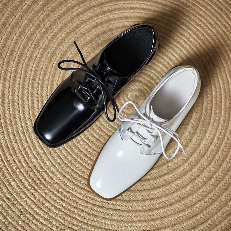 Women's Modern Square Toe Patent Leather Shoes Lace-up Professional Block Heel Derby