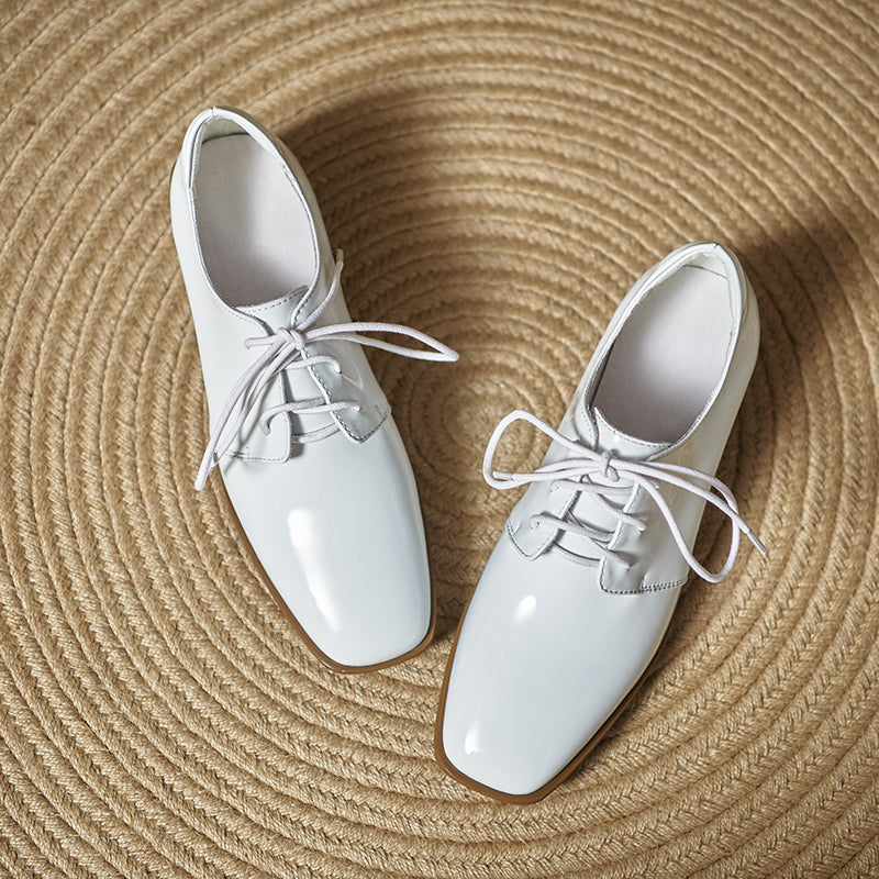 Women's Modern Square Toe Patent Leather Shoes Lace-up Professional Block Heel Derby