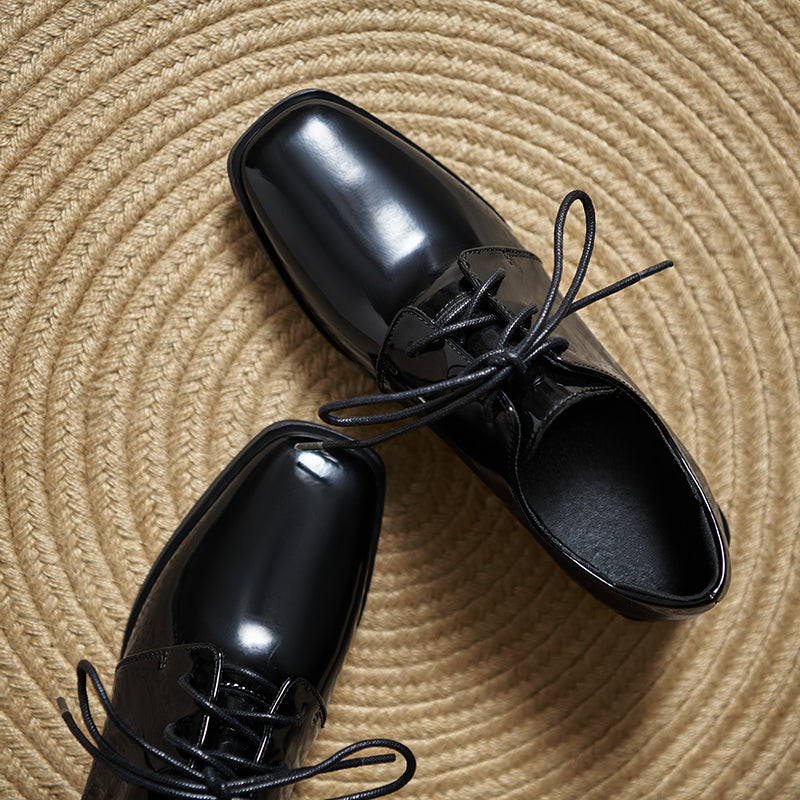Women's Modern Square Toe Patent Leather Shoes Lace-up Professional Block Heel Derby