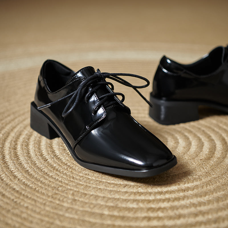 Women's Modern Square Toe Patent Leather Shoes Lace-up Professional Block Heel Derby