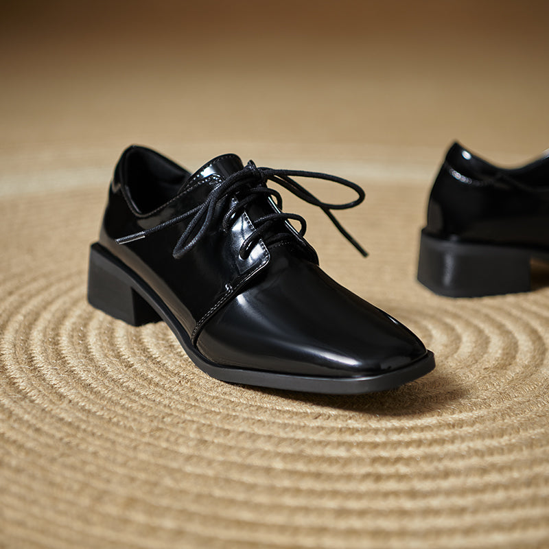 Women's Modern Square Toe Patent Leather Shoes Lace-up Professional Block Heel Derby