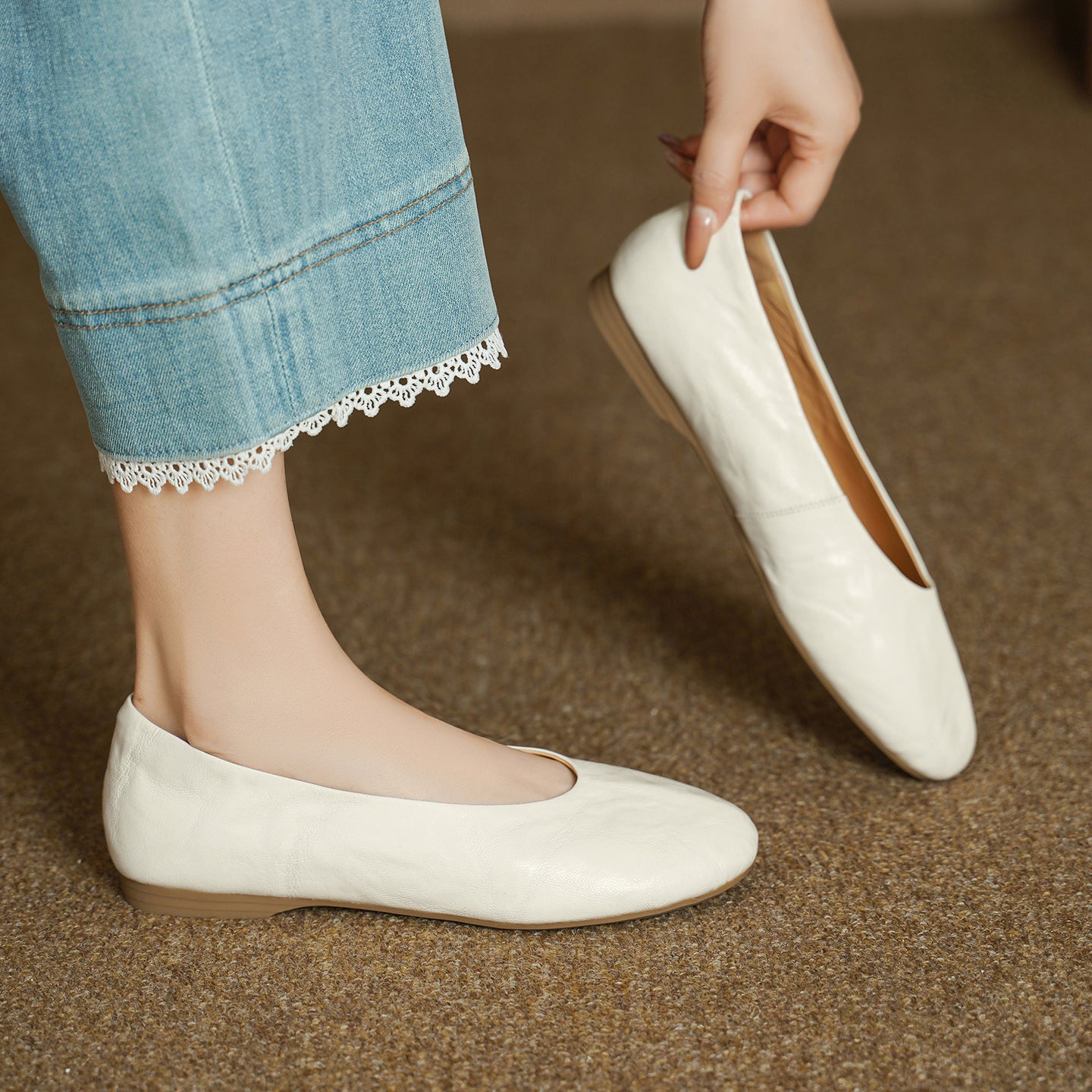Women's Handmade Soft Sheepskin Ballet Flats Round Toe Slip-on Flat Shoes