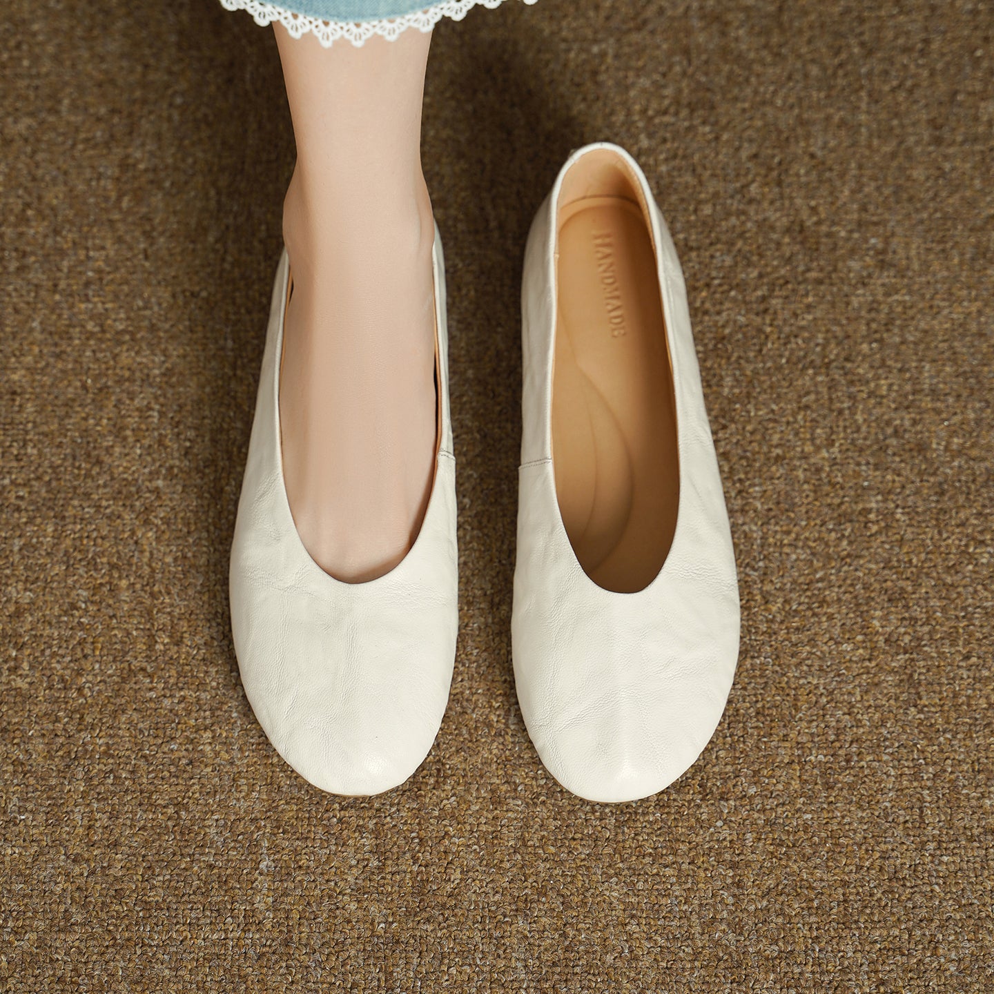 Women's Handmade Soft Sheepskin Ballet Flats Round Toe Slip-on Flat Shoes