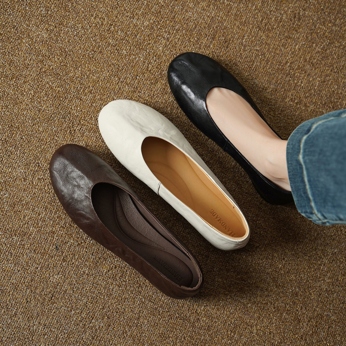 Women's Handmade Soft Sheepskin Ballet Flats Round Toe Slip-on Flat Shoes