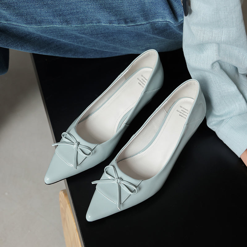 Women's Retro Patent Leather Pumps Vintage Pointed Toe Bow Wedge Heels