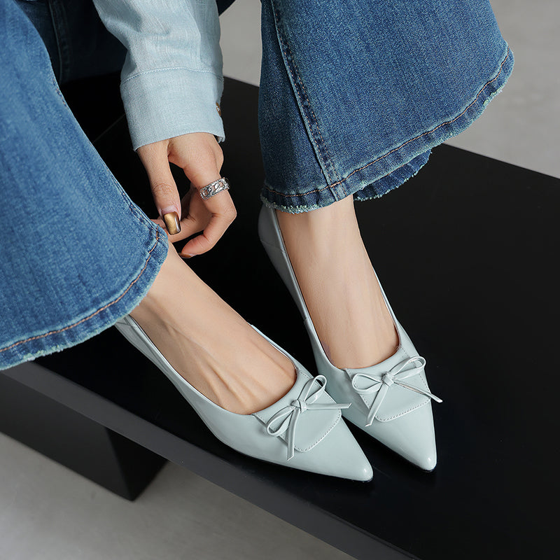 Women's Retro Patent Leather Pumps Vintage Pointed Toe Bow Wedge Heels