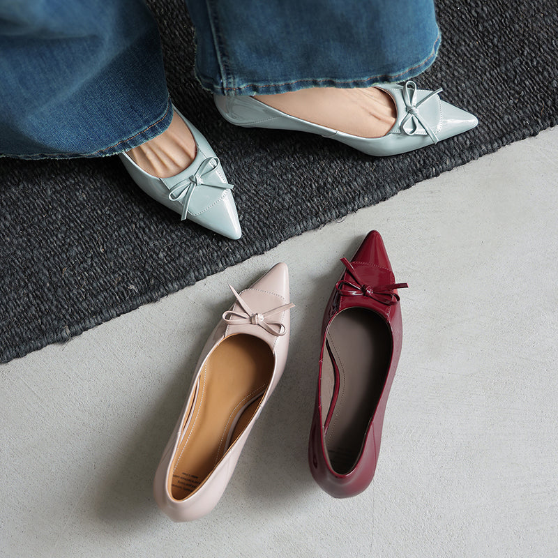 Women's Retro Patent Leather Pumps Vintage Pointed Toe Bow Wedge Heels