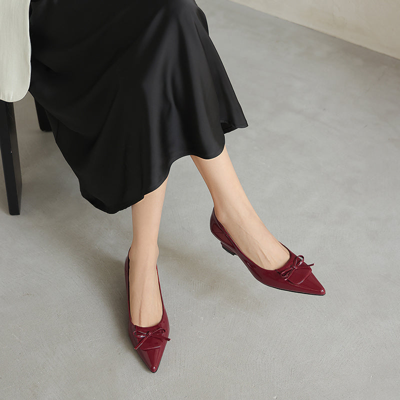 Women's Retro Patent Leather Pumps Vintage Pointed Toe Bow Wedge Heels