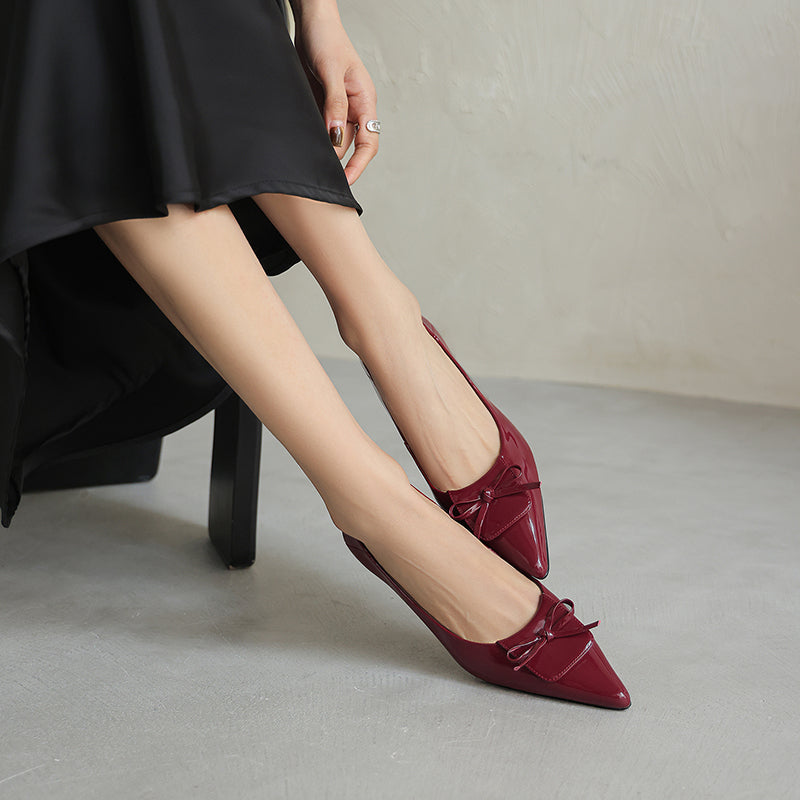 Women's Retro Patent Leather Pumps Vintage Pointed Toe Bow Wedge Heels
