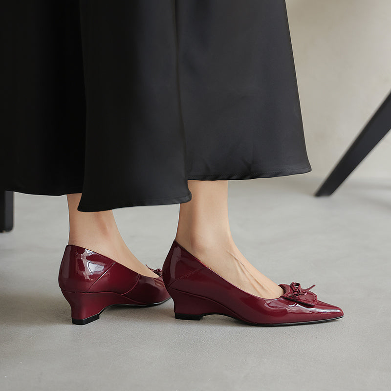 Women's Retro Patent Leather Pumps Vintage Pointed Toe Bow Wedge Heels