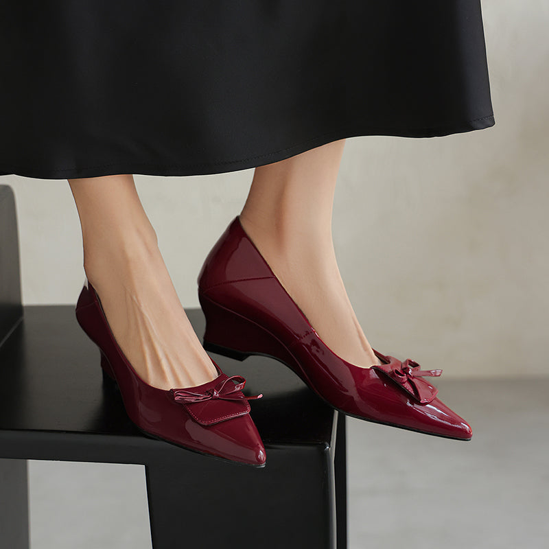 Women's Retro Patent Leather Pumps Vintage Pointed Toe Bow Wedge Heels