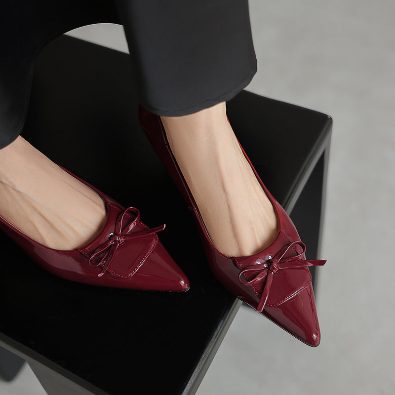 Women's Retro Patent Leather Pumps Vintage Pointed Toe Bow Wedge Heels
