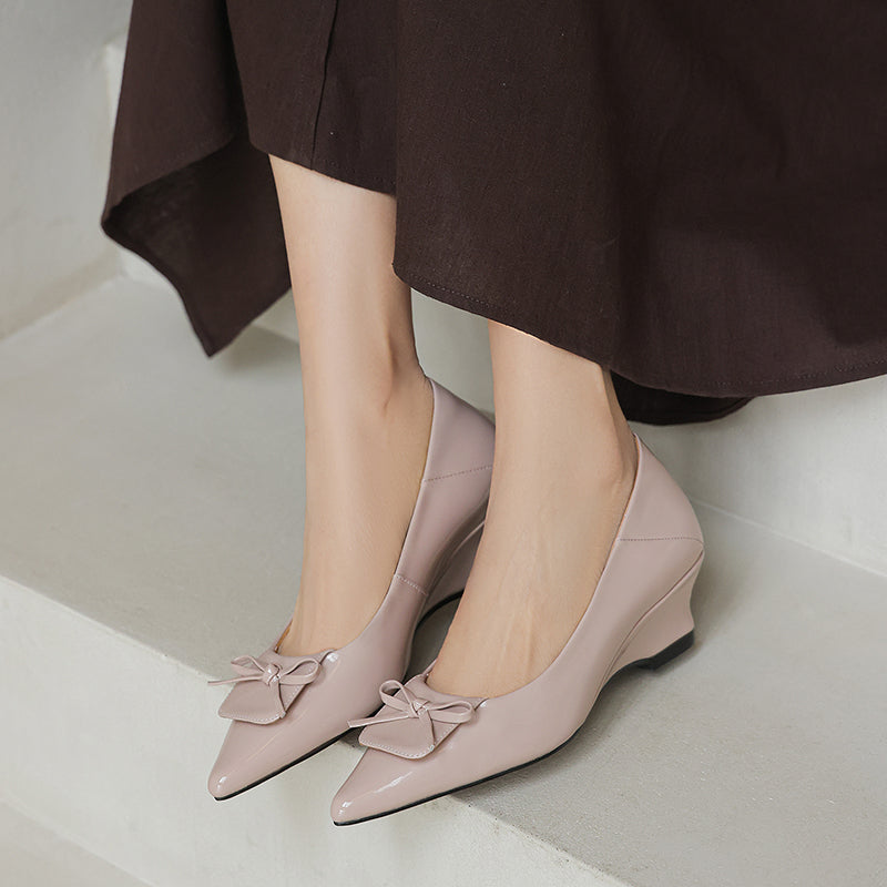 Women's Retro Patent Leather Pumps Vintage Pointed Toe Bow Wedge Heels