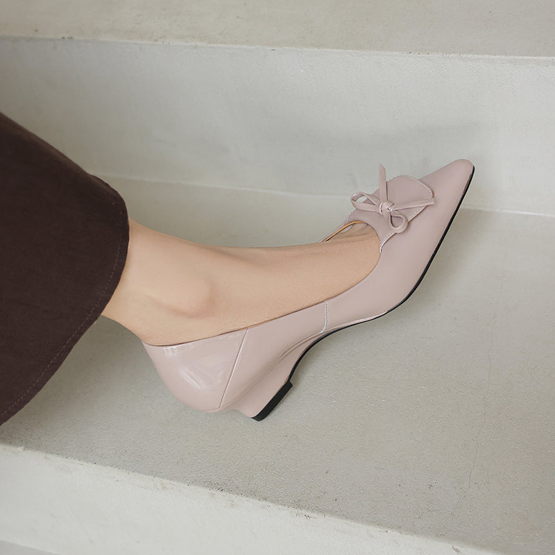 Women's Retro Patent Leather Pumps Vintage Pointed Toe Bow Wedge Heels