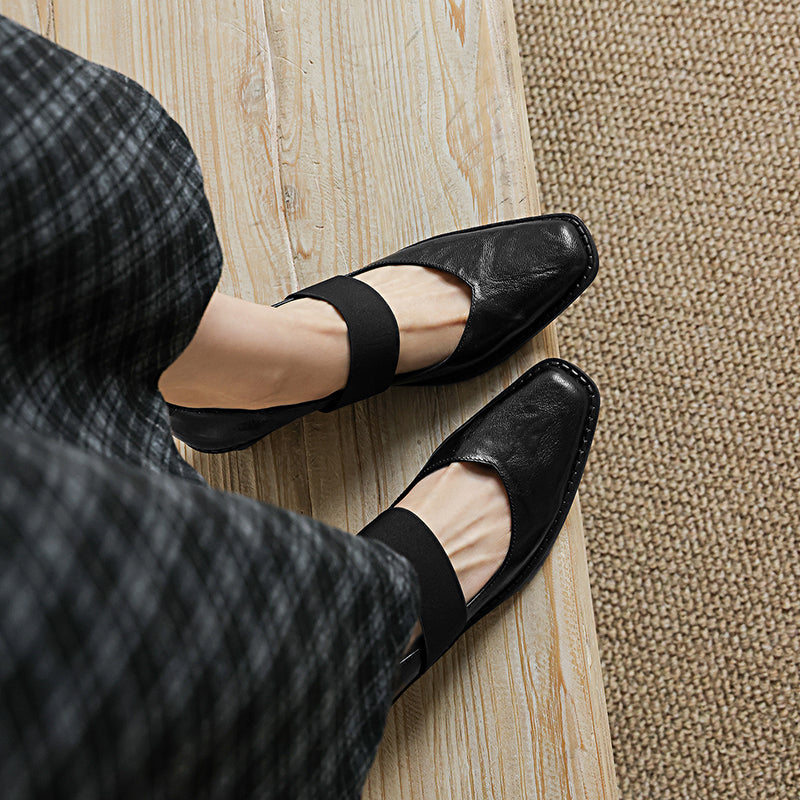 Women’s Sheepskin Square Toe Block Heel Shoes – Elastic Strap Mid Heel Pumps