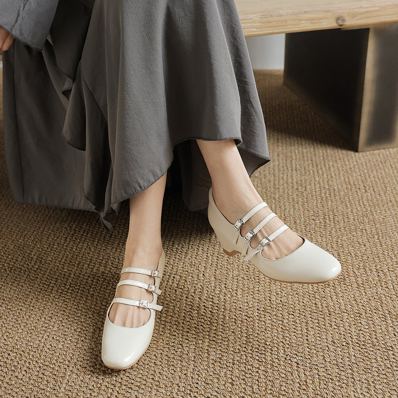 Women's French Vintage Triple-Strap Mary Janes - Elegant Wedge Heels Shoes