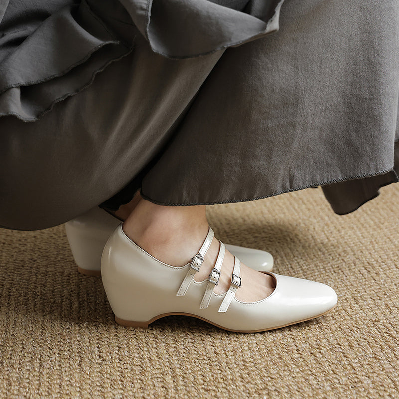 Women's French Vintage Triple-Strap Mary Janes - Elegant Wedge Heels Shoes