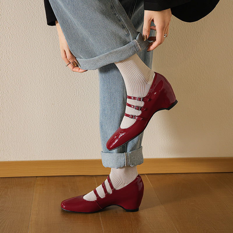 Women's French Vintage Triple-Strap Mary Janes - Elegant Wedge Heels Shoes