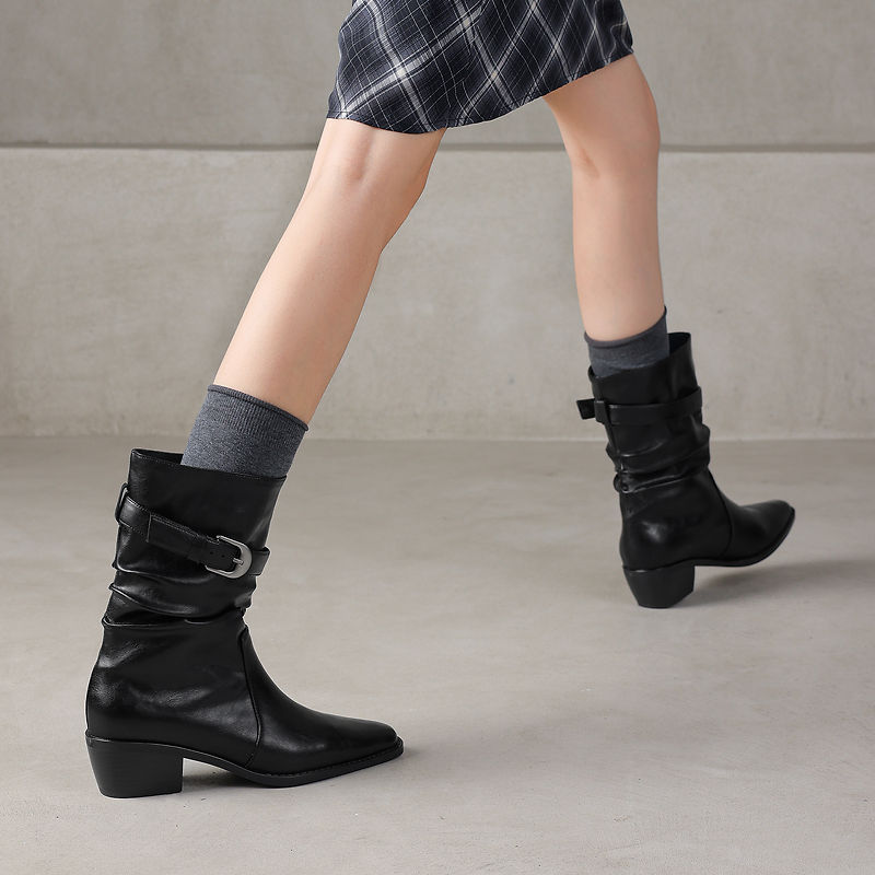 Women's Genuine Leather Western Boots Winter Slouchy Square Toe Block Heel Mid-Calf Boots