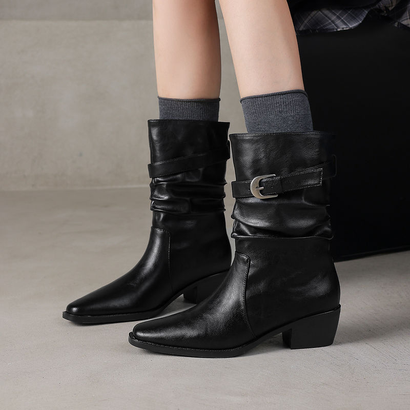 Women's Genuine Leather Western Boots Winter Slouchy Square Toe Block Heel Mid-Calf Boots