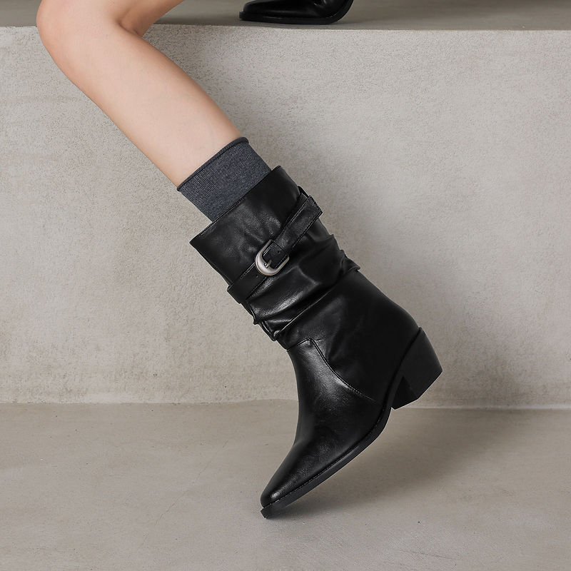 Women's Genuine Leather Western Boots Winter Slouchy Square Toe Block Heel Mid-Calf Boots