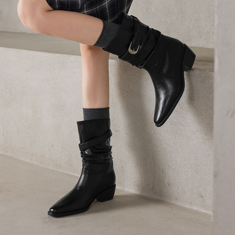 Women's Genuine Leather Western Boots Winter Slouchy Square Toe Block Heel Mid-Calf Boots