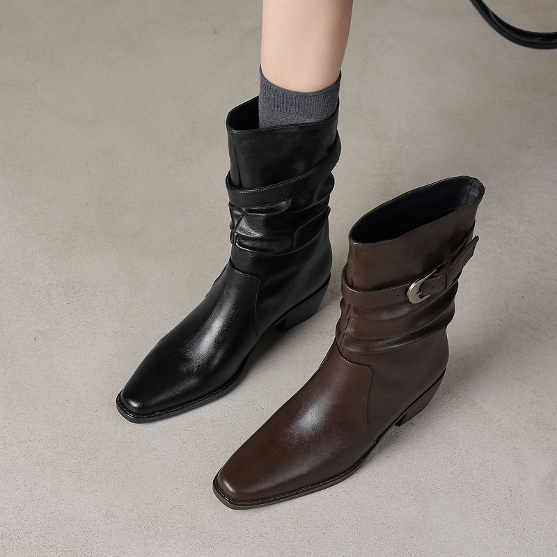 Women's Genuine Leather Western Boots Winter Slouchy Square Toe Block Heel Mid-Calf Boots
