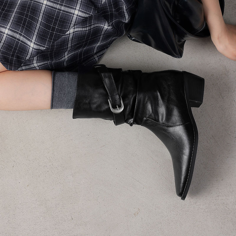 Women's Genuine Leather Western Boots Winter Slouchy Square Toe Block Heel Mid-Calf Boots