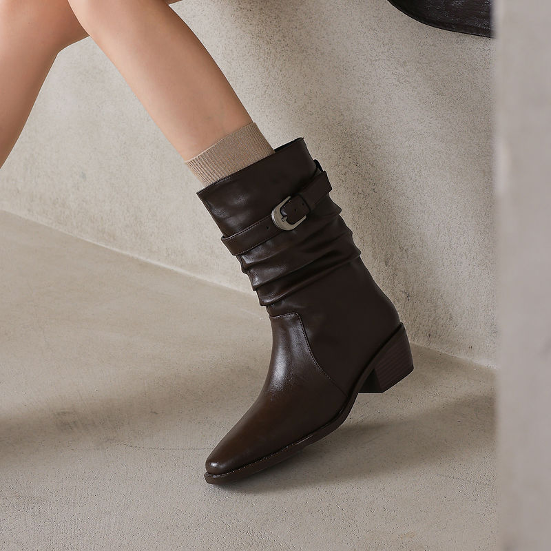 Women's Genuine Leather Western Boots Winter Slouchy Square Toe Block Heel Mid-Calf Boots